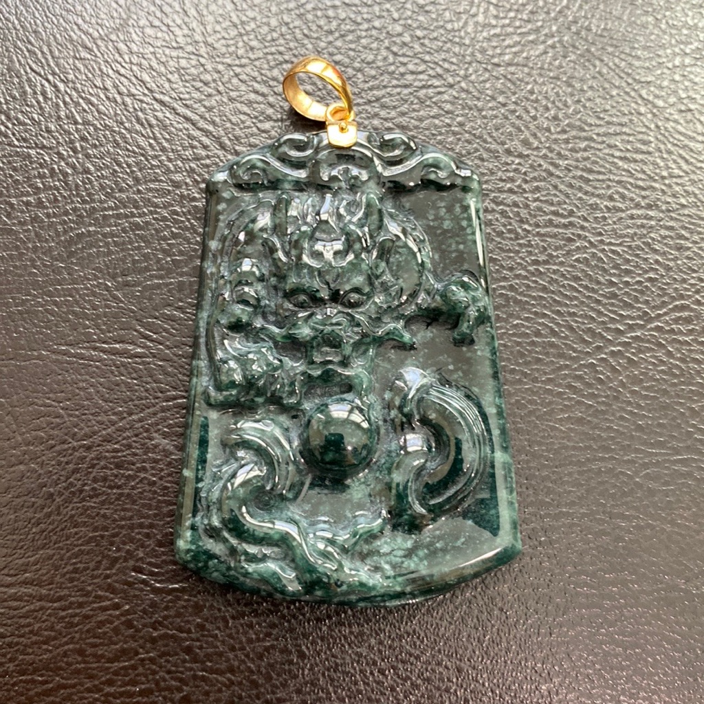14k Solid Yellow Gold Carved Dragon Natural Black Jade A Pendant Rectangle Men